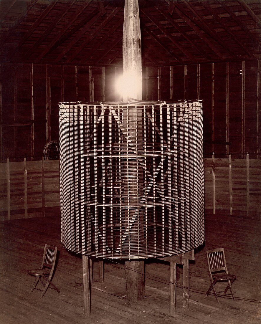 Tesla incandescent lamp and coil, circa 1899