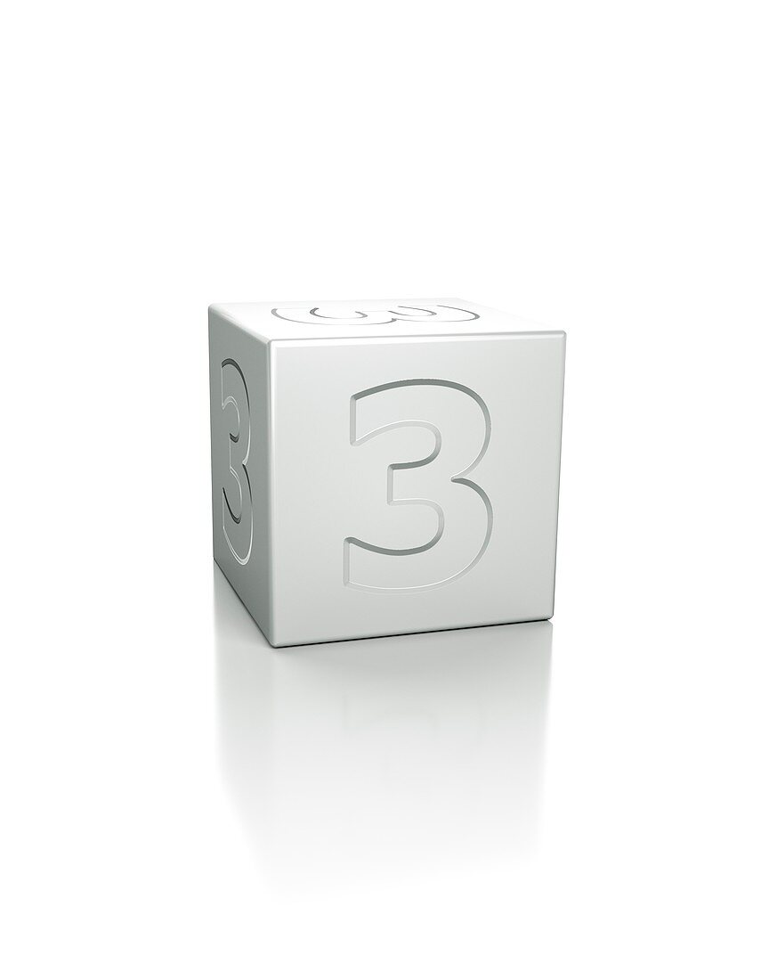 Cube with the number 3 embossed.