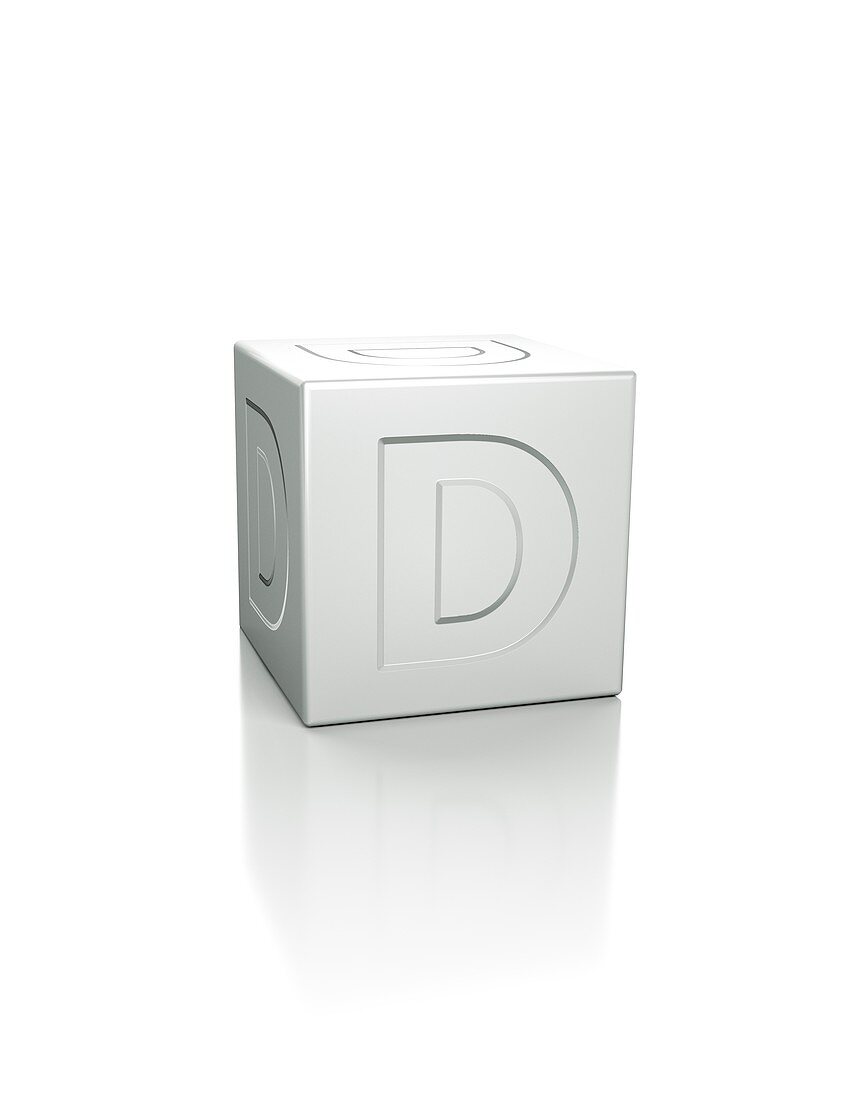 Cube with the letter D embossed.