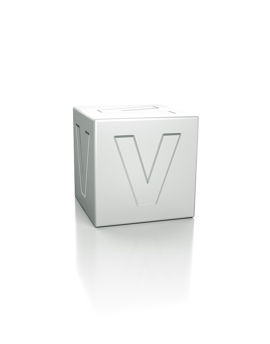 Cube with the letter V embossed.