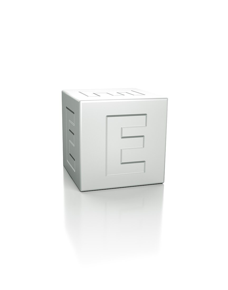 Cube with the letter E embossed.