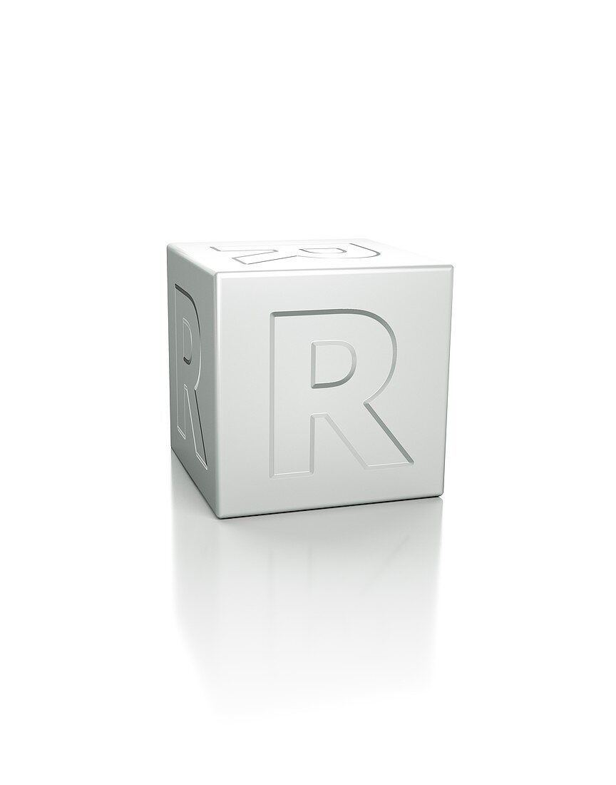 Cube with the letter R embossed.
