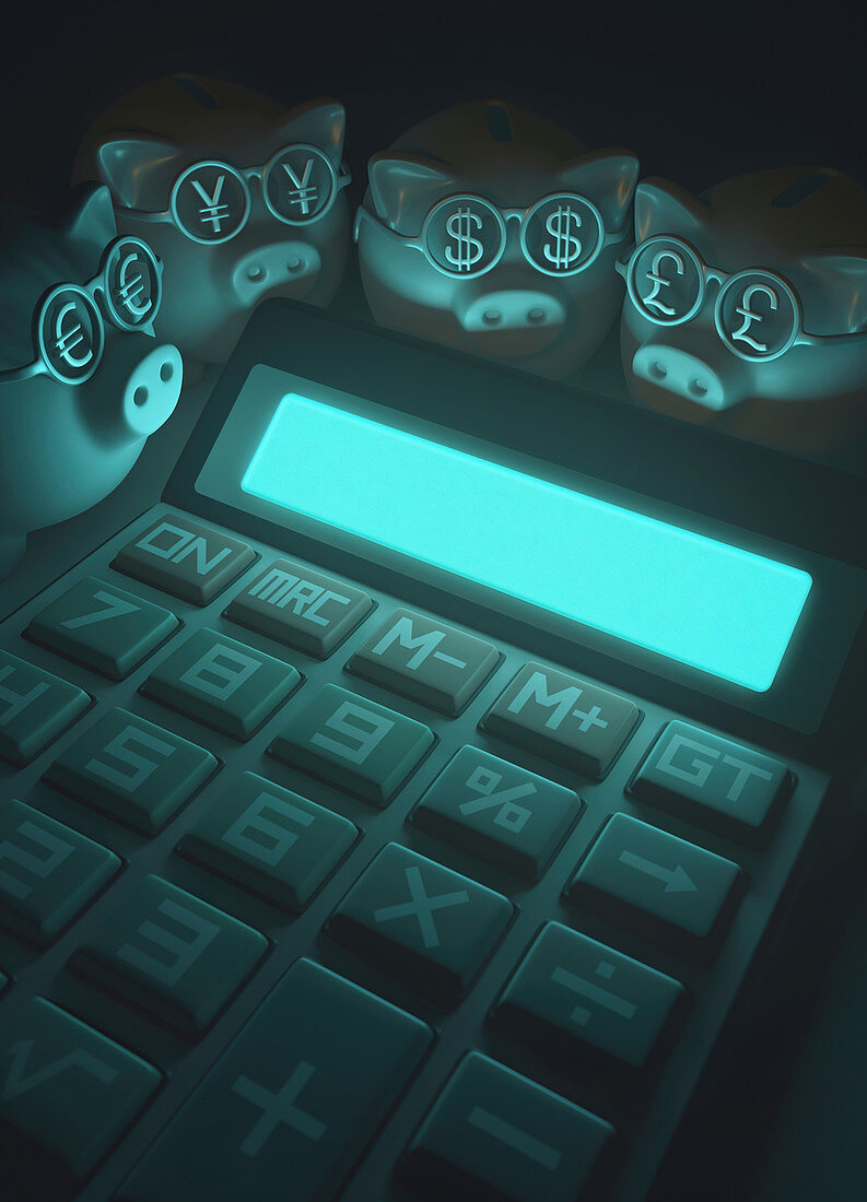 Calculator with piggy banks and dollar symbols