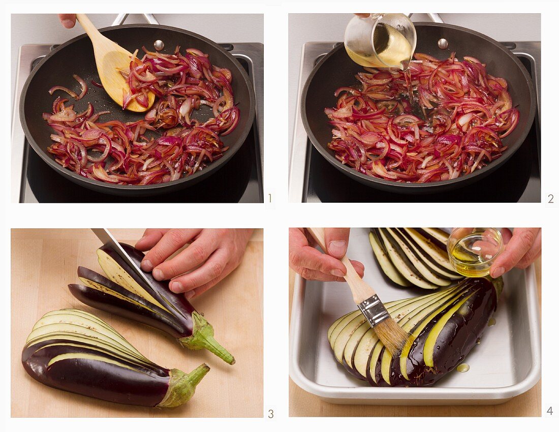 Grilled aubergine fans with onion sauce being made