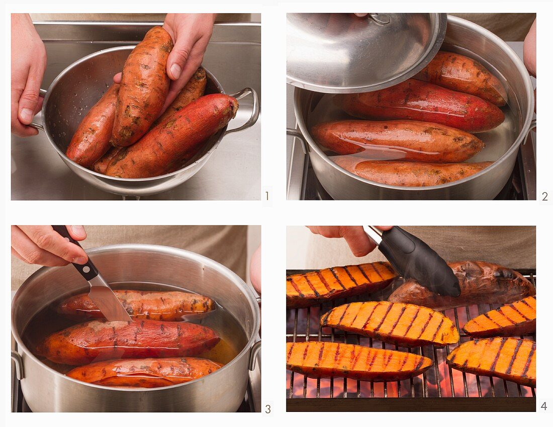 Grilled sweet potatoes being made