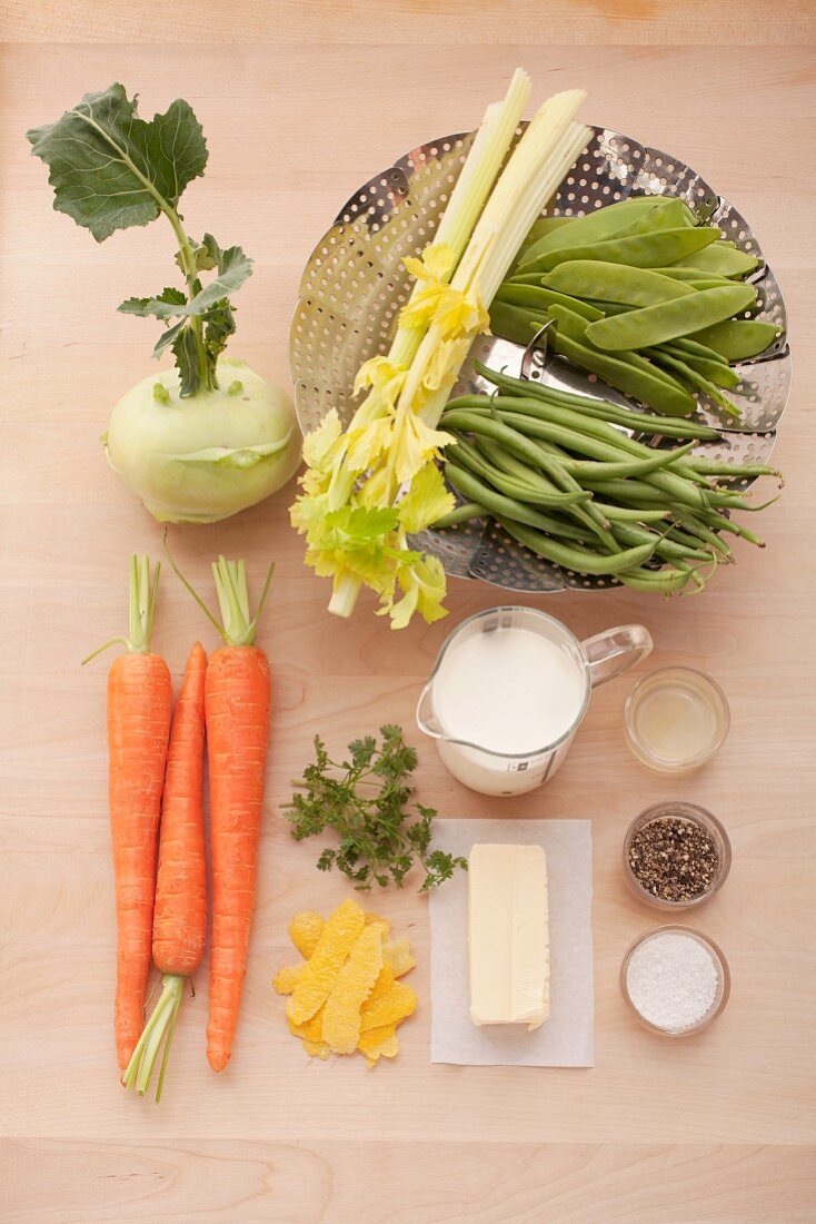 Ingredients for steamed vegetables with lemon cream