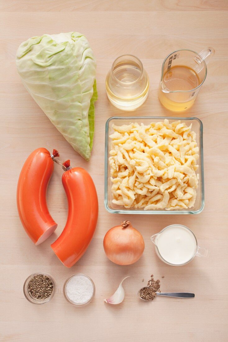 Ingredients for cabbage and spaetzle with Bologna sausage