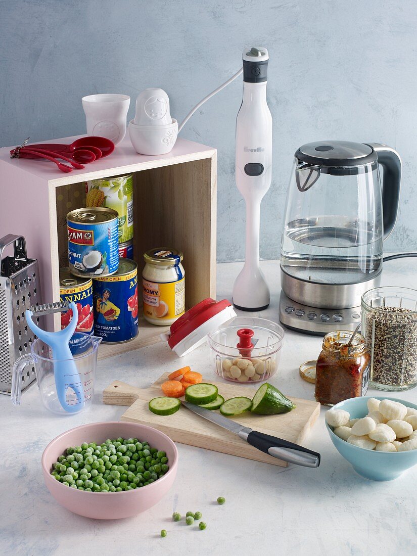 Ingredients and kitchen utensils for making quick and easy dishes