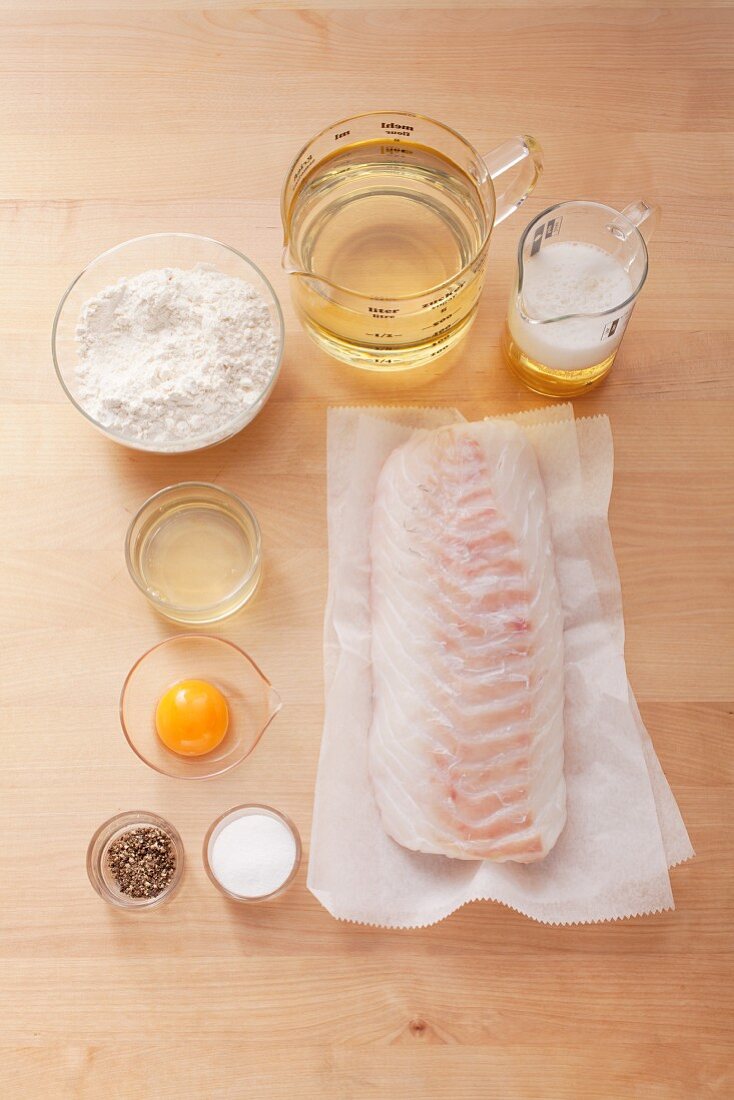 Ingredients for fried fish in beer batter