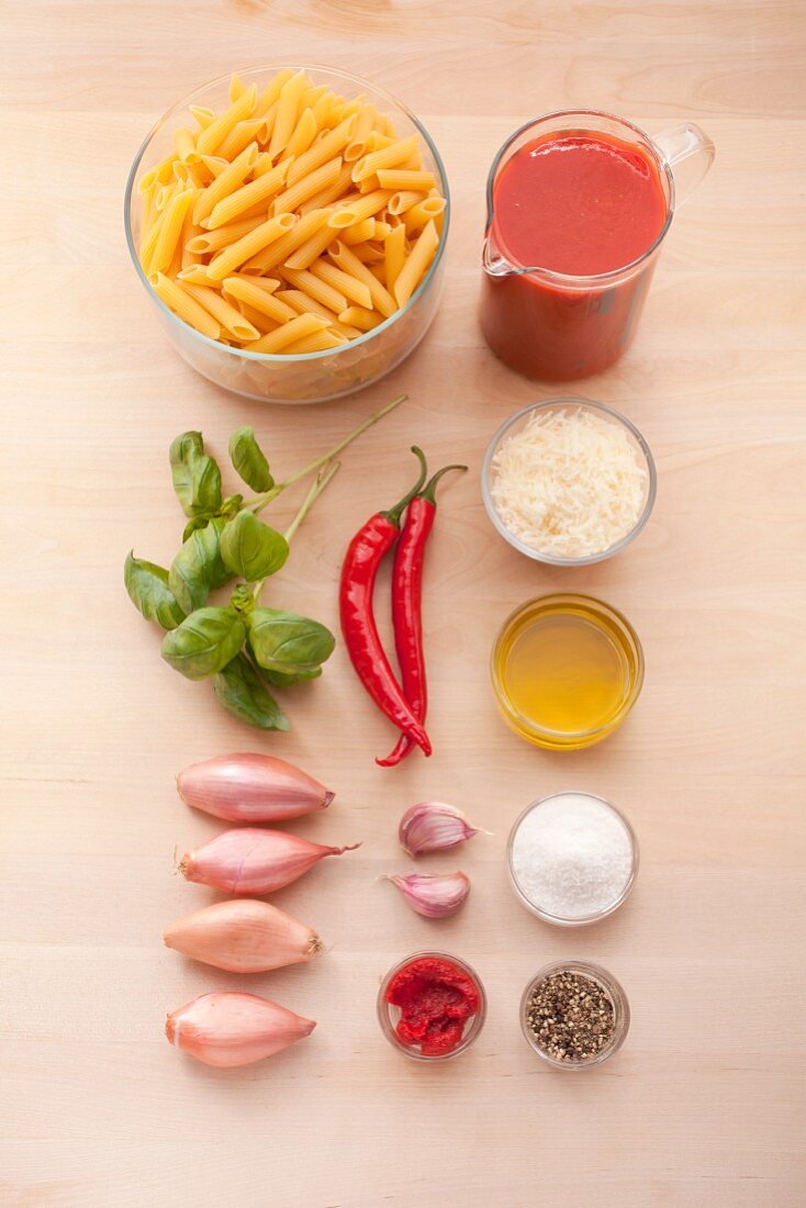 Ingredients for penne all'arrabbiata