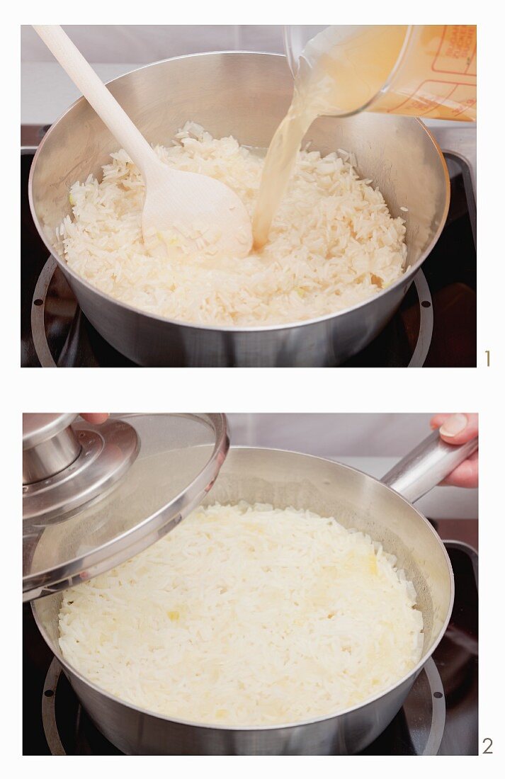 Steamed rice being made