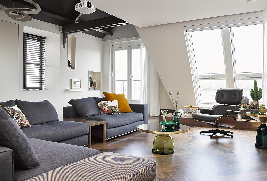 Modern living room with floor-to-ceiling skylight