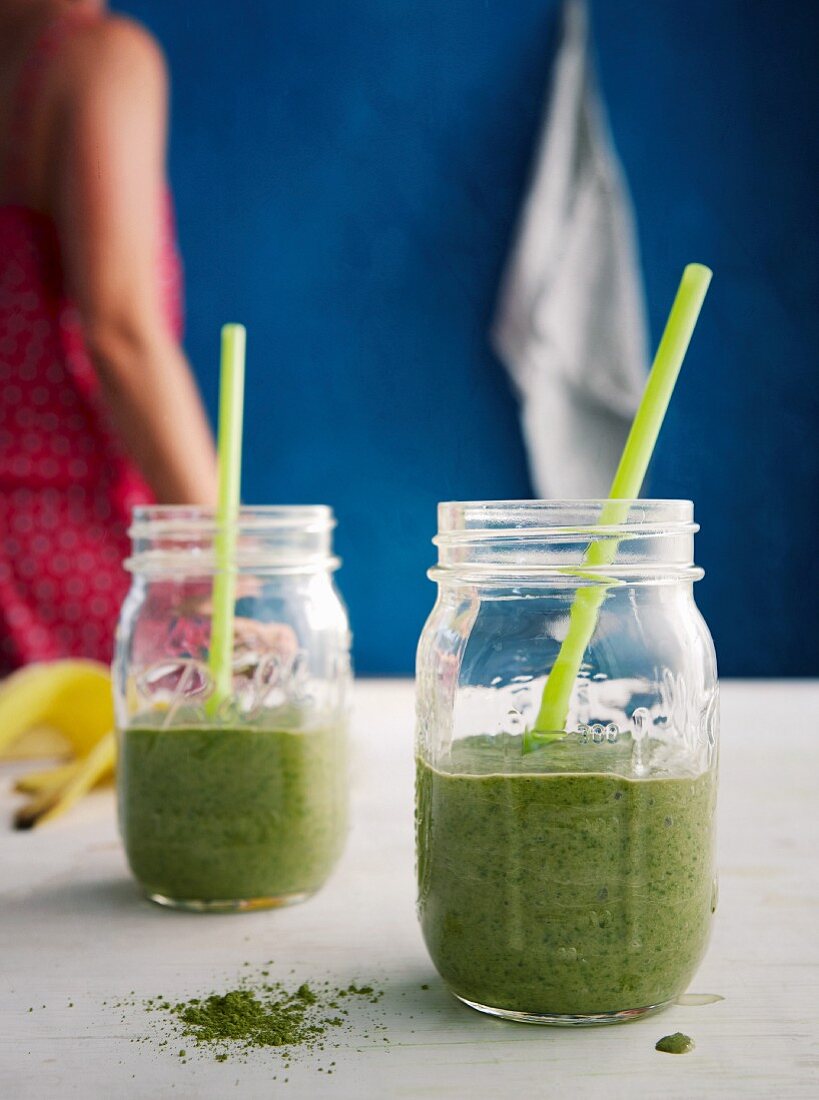 Vegan kale and coconut smoothies with matcha and banana