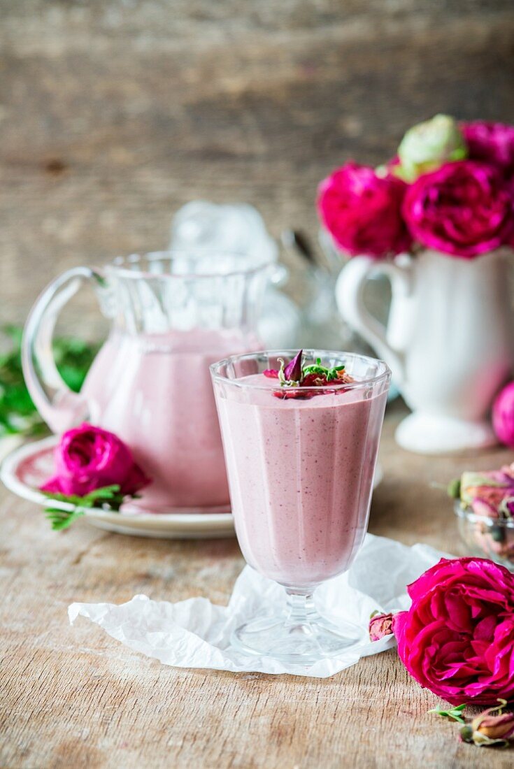 Raspberry yoghurt smoothie with rose water