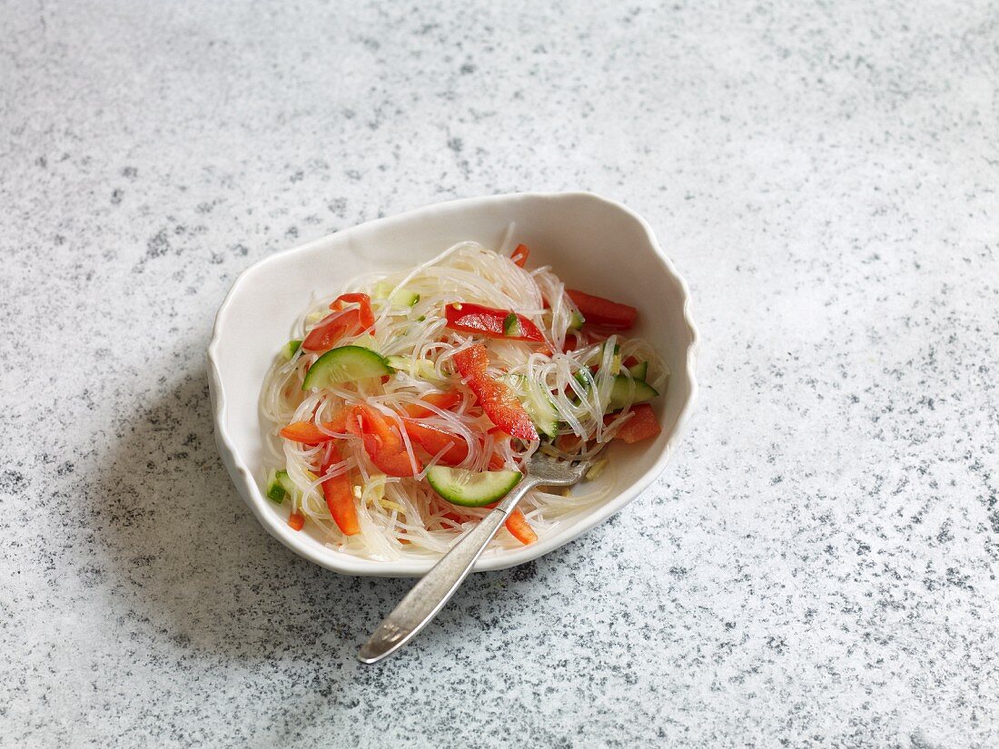 Spicy glass noodle salad with red pepper and cucumber