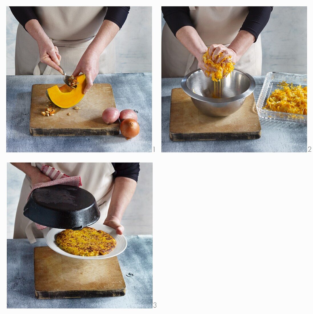 Pumpkin and potato rostis being made