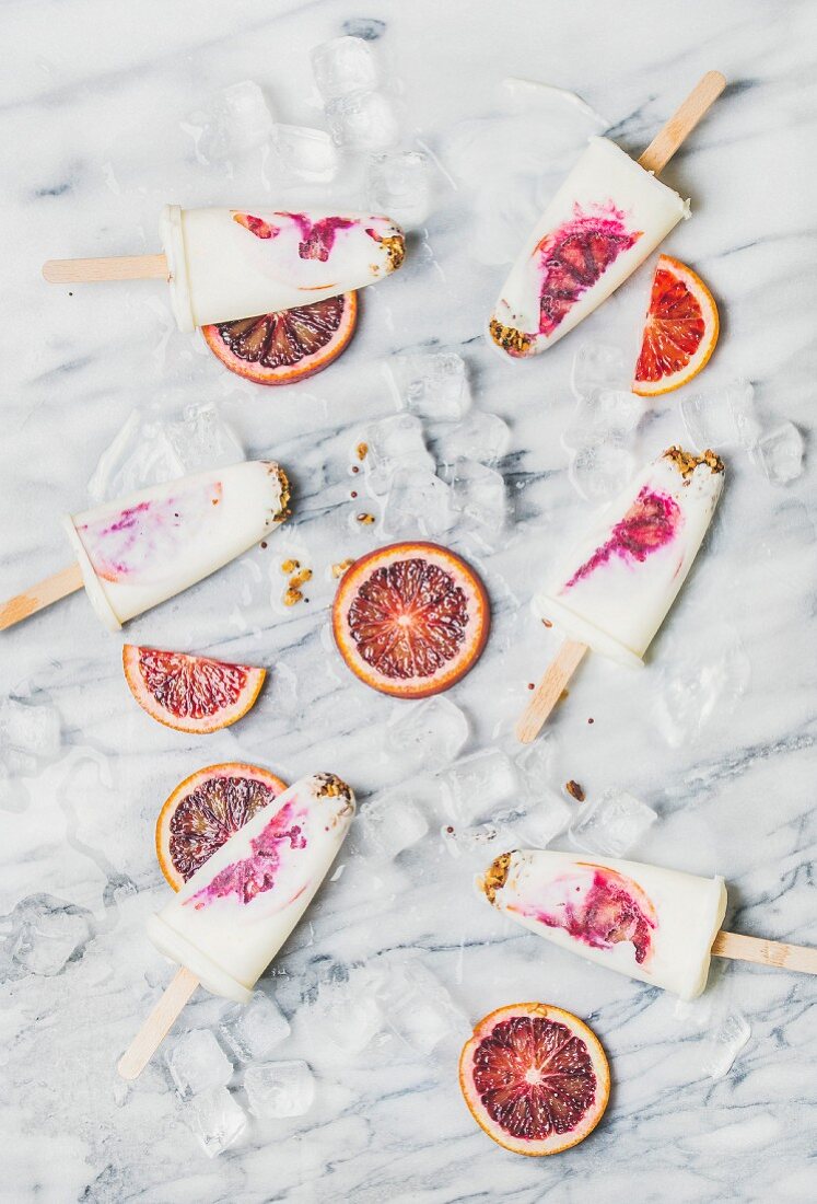 Selbstgemachte Joghurt-Popsicles mit Granola und Blutorangen (Aufsicht)