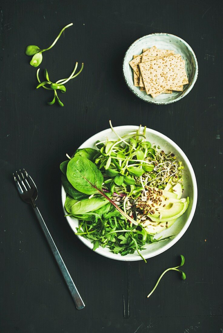 Green vegan breakfast meal in bowl with spinach, arugula, avocado, seeds and sprouts and crispy bread