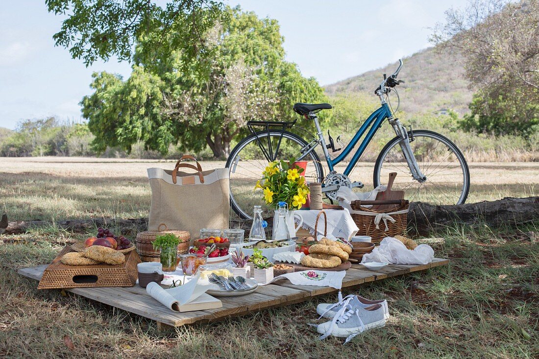 A picnic scene in the countryside, with a bike and fresh foods laid out