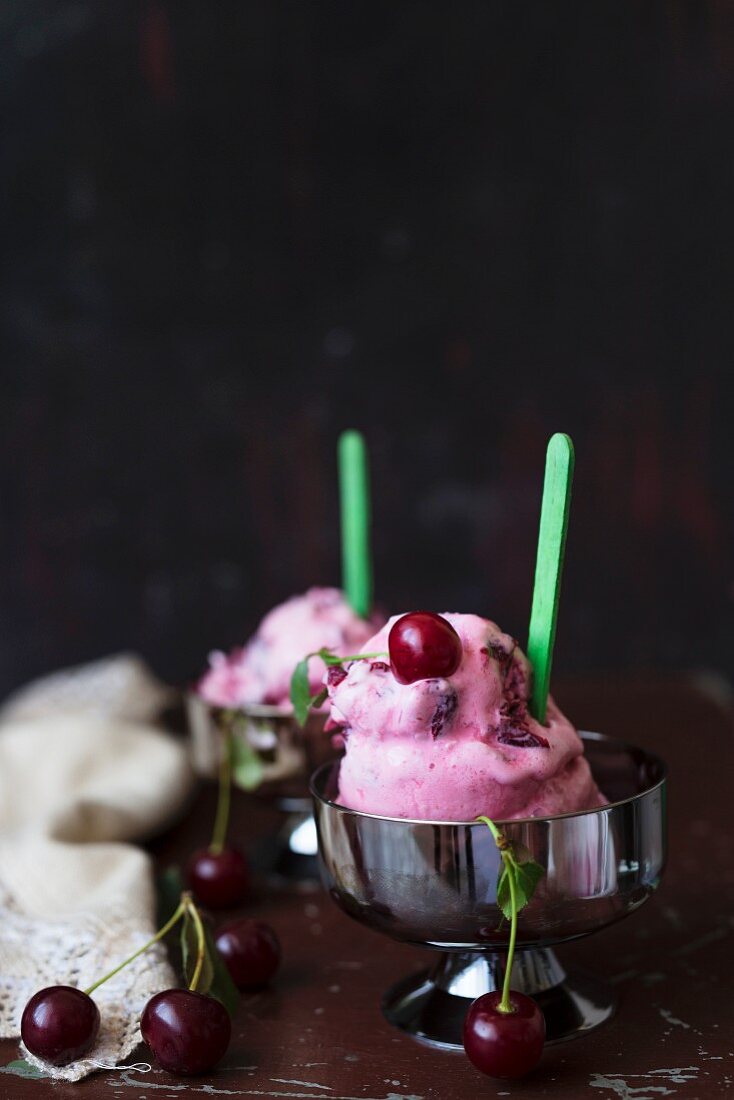 Cherry ice cream in an ice cream bowl