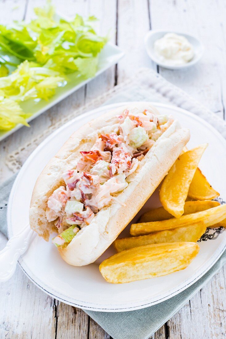A lobster roll with french fries and salad (USA)