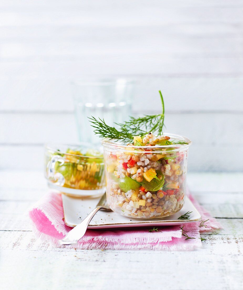 Buckwheat salad with lentils in a glass jar