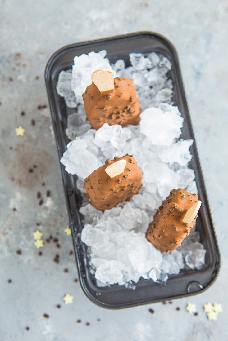 Brownie-Eis am Stiel in einem Behälter mit Crushed Ice