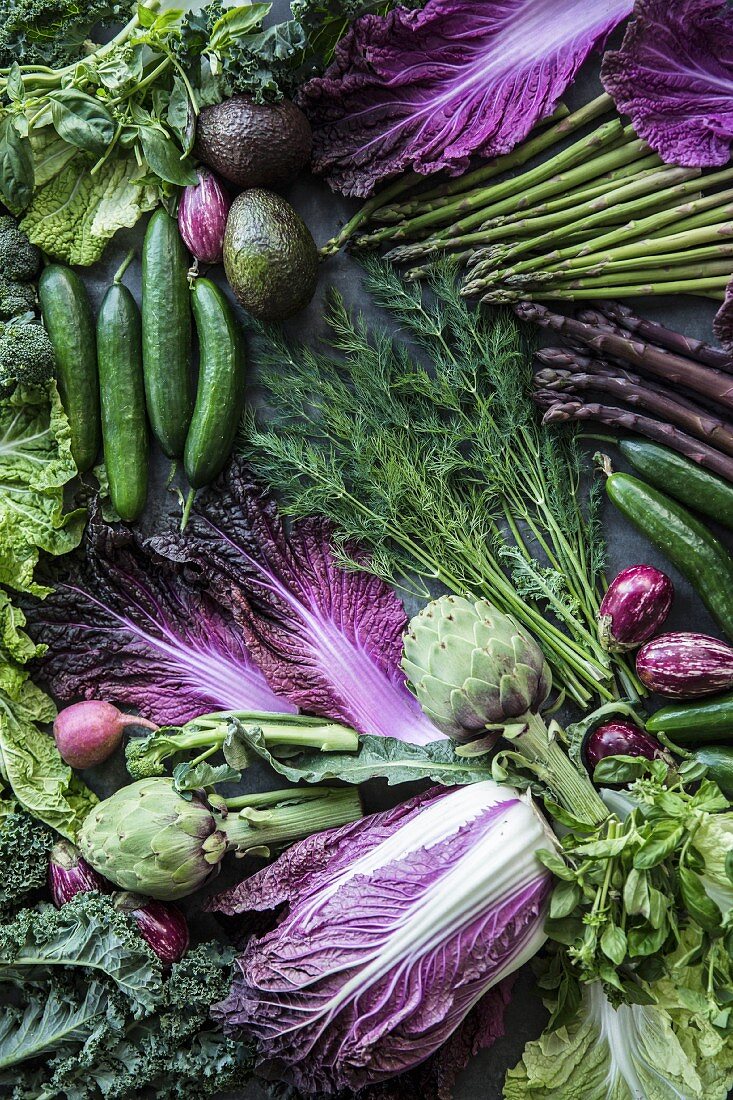 Various green and purple vegetables