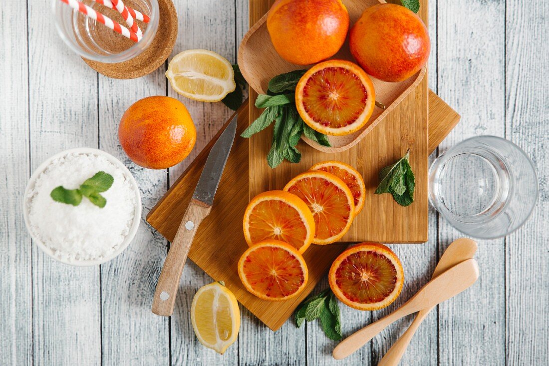 Ingredients and kitchen utensils for making blood orange smoothies