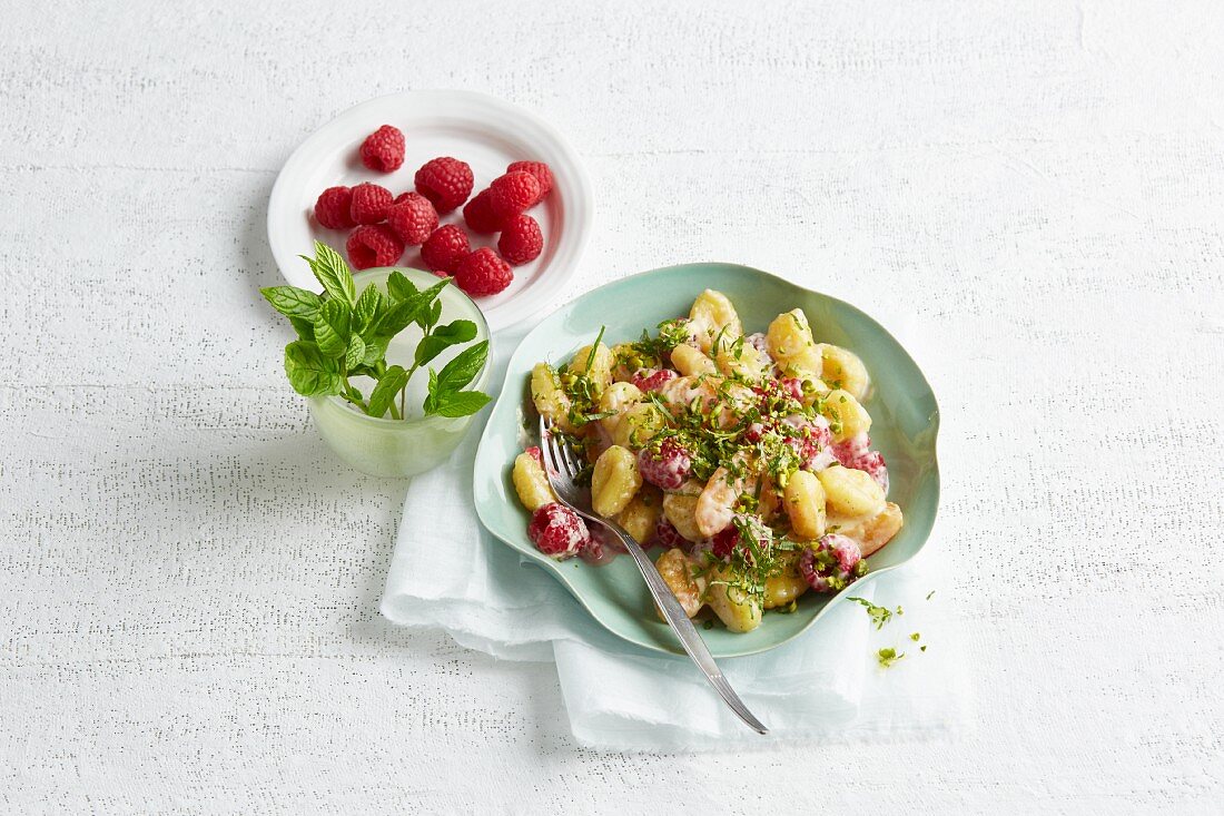 Apricot and raspberry gnocchi with pistachios
