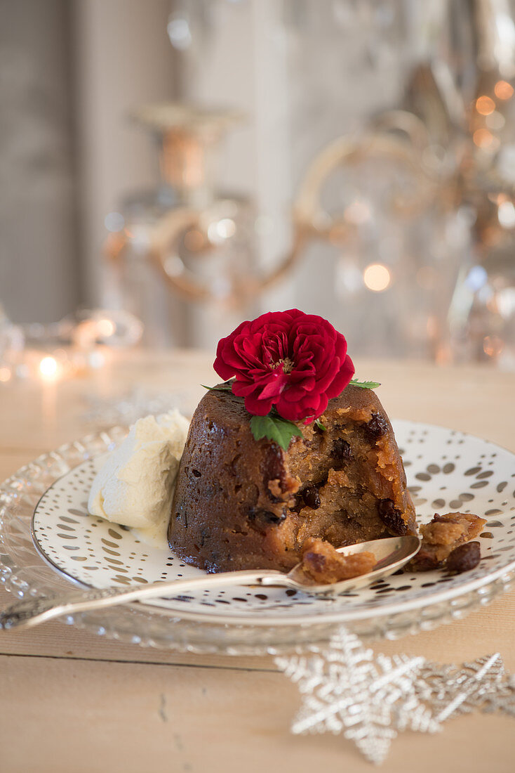 Christmas pudding with vanilla ice cream