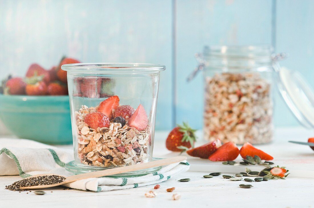 Muesli with fresh strawberries, pumpkin and chia seeds