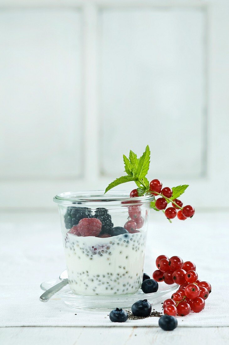 Chia pudding with fresh fruits in glass