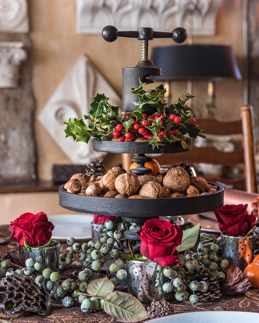 Christmas decorations on stand made from old press