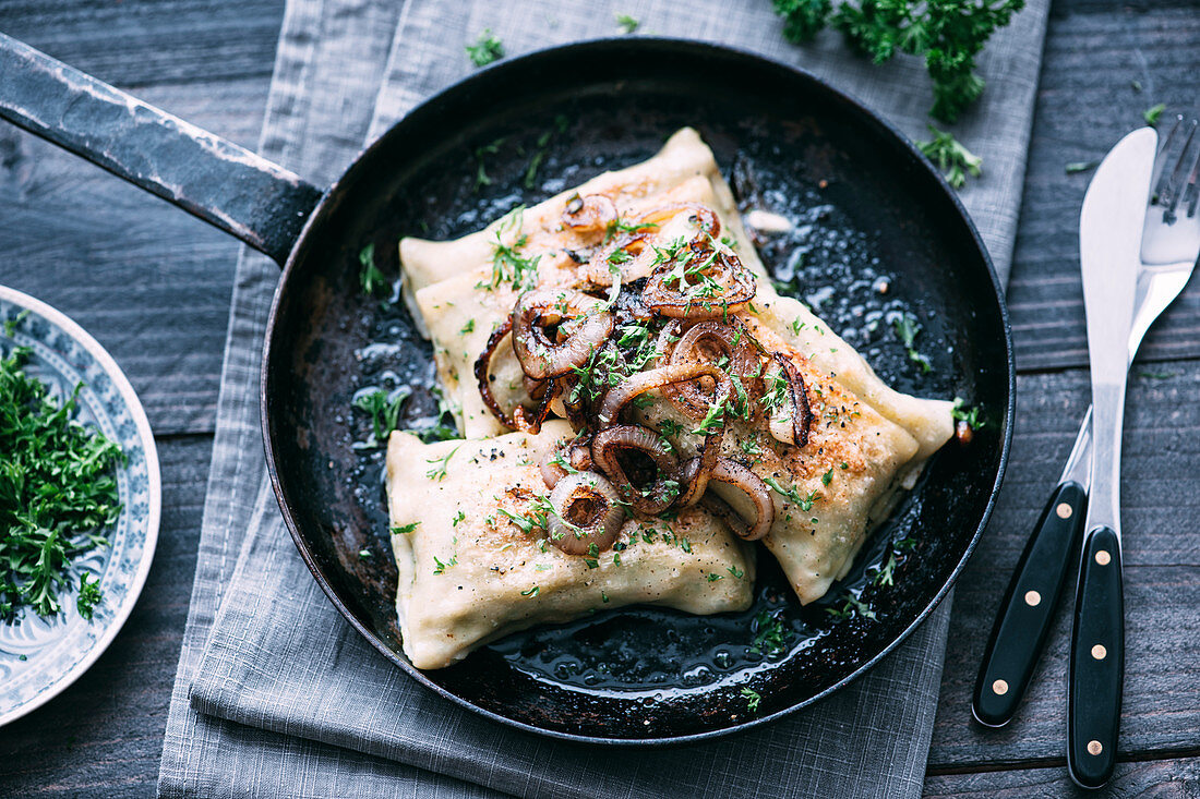 Swabian Vegetable Maultaschen with Roasted Onions, German Cuisine