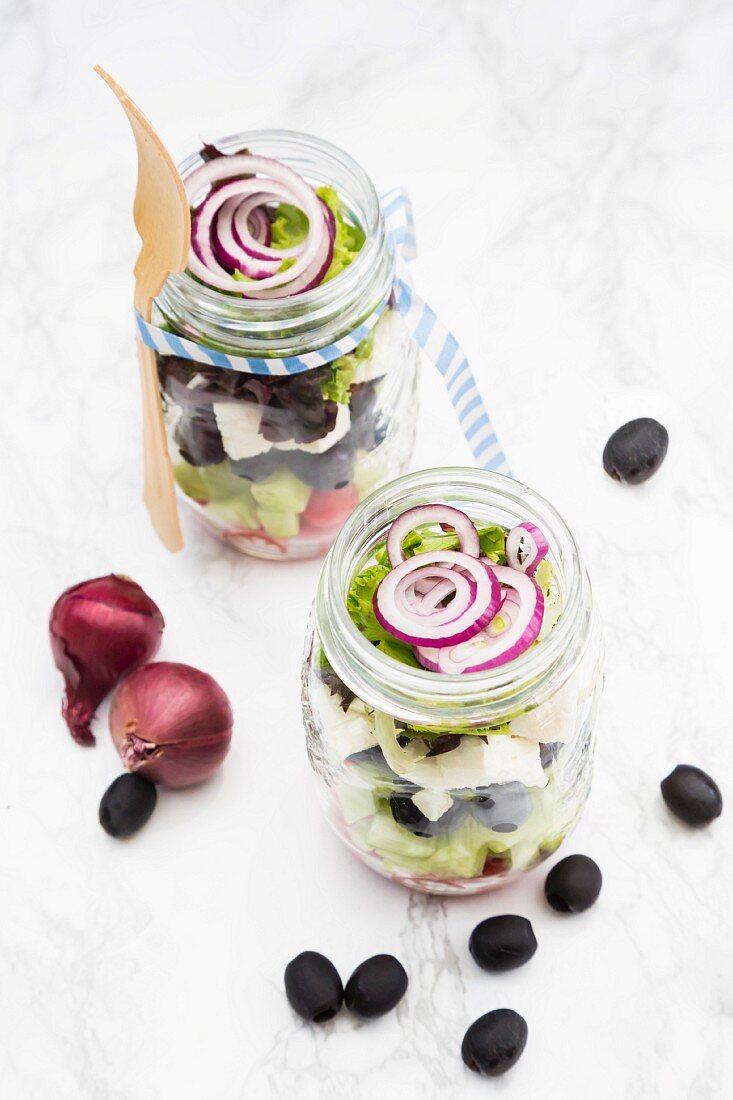 Greek salad in glasses