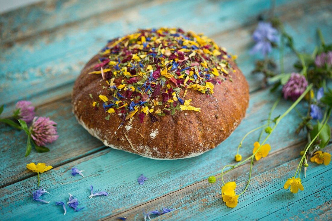 Flower bread on blue wood