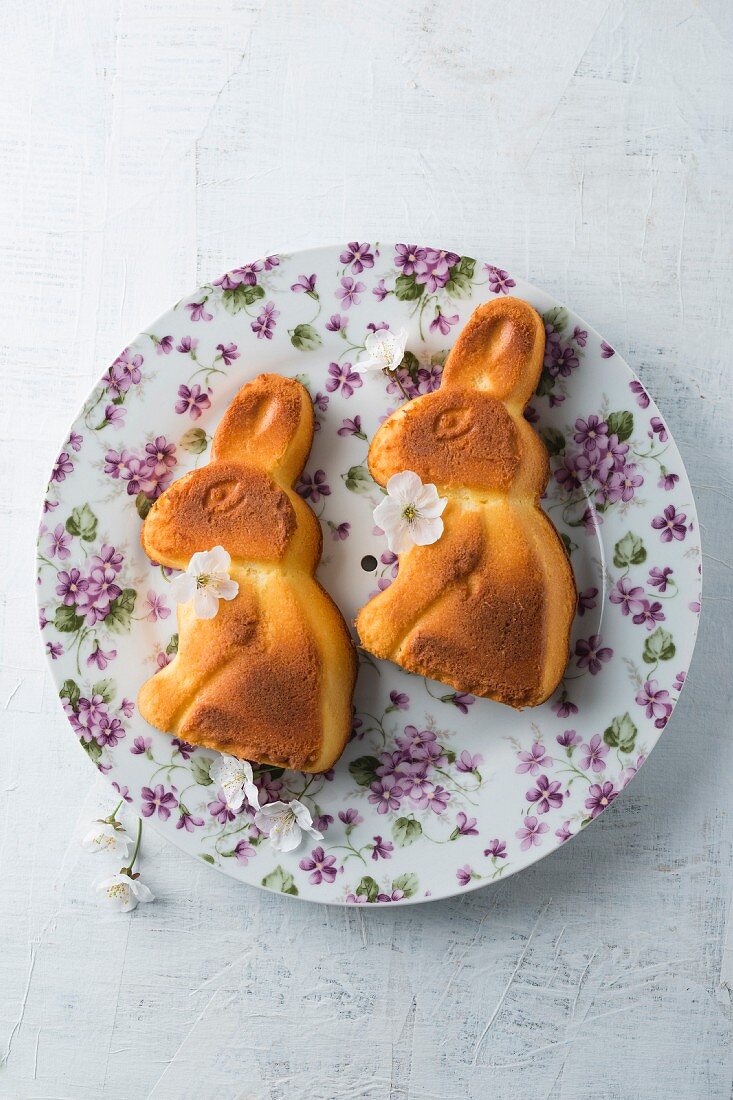 Two cakes shaped like Easter bunnies on a dish