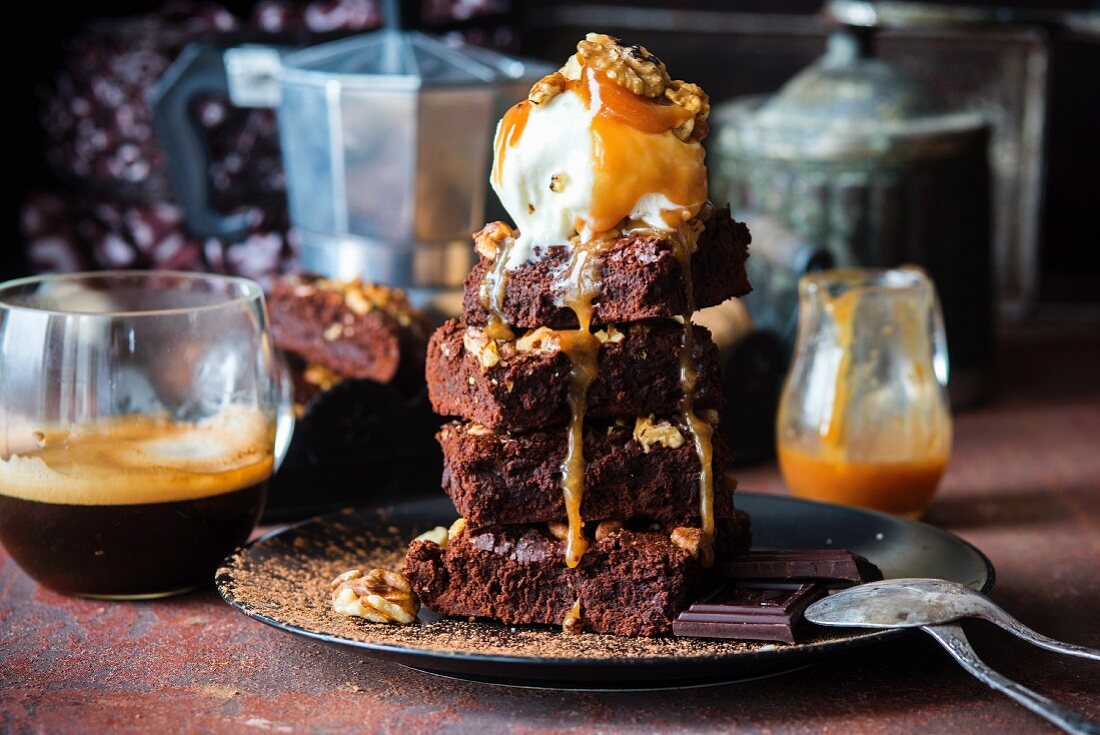 Brownies with salted caramel sauce and ice cream