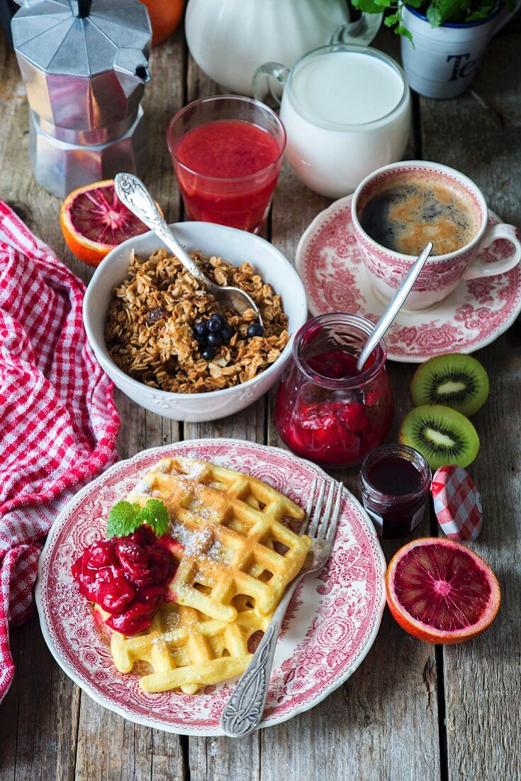 Breakfast with granola and waffles
