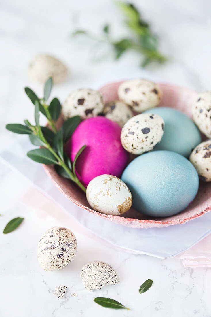 Quails eggs and coloured Easter eggs in a bowl