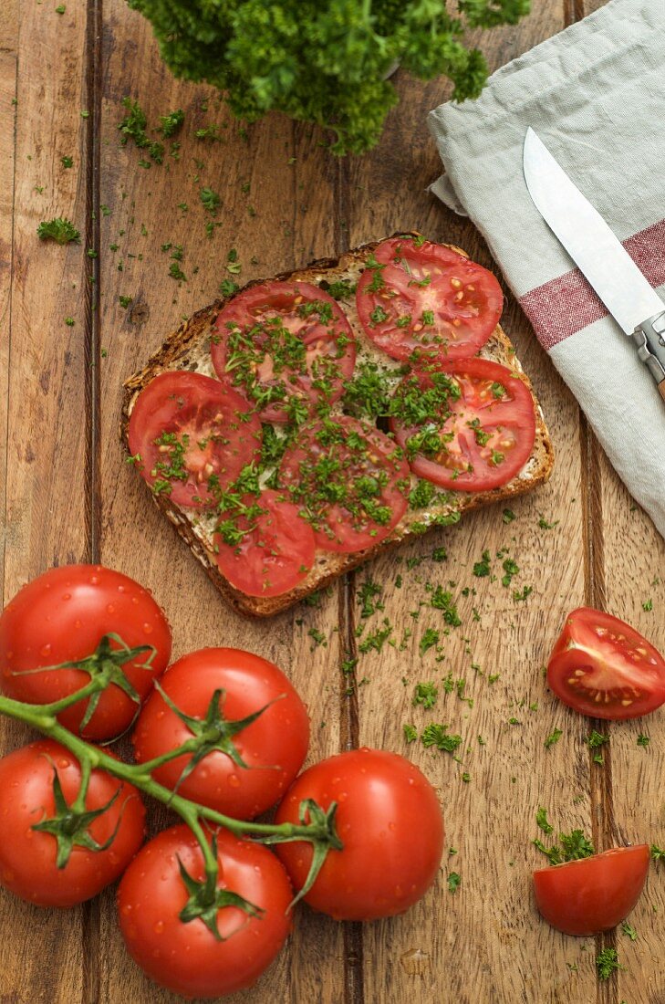 Slice of grain bread garnished with tomato and parsley