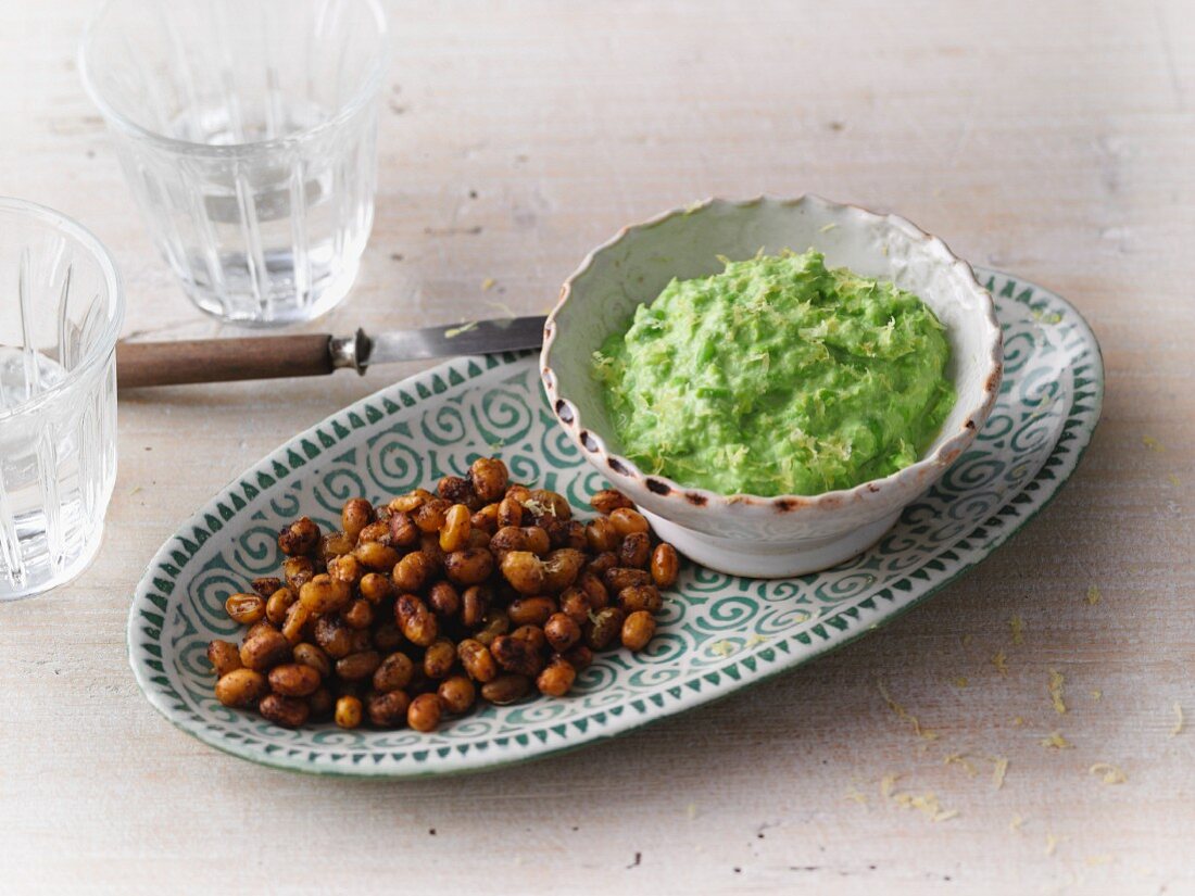 Vegetarian pea and ricotta spread and baked soybeans