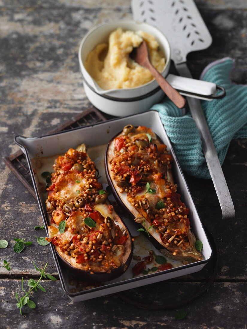 Stuffed aubergines with buckwheat