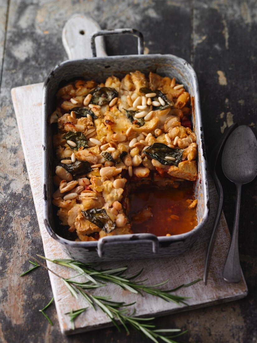 Vegan courgette and tofu lasagne with pine nuts