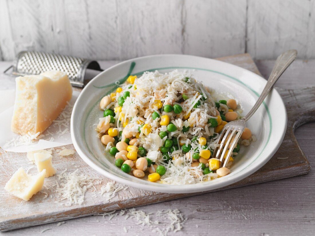 Risi e bisi with soybeans, sweetcorn and parmesan