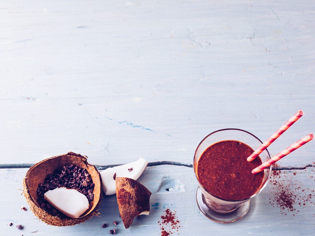 Chocolate and banana smoothie with coconut