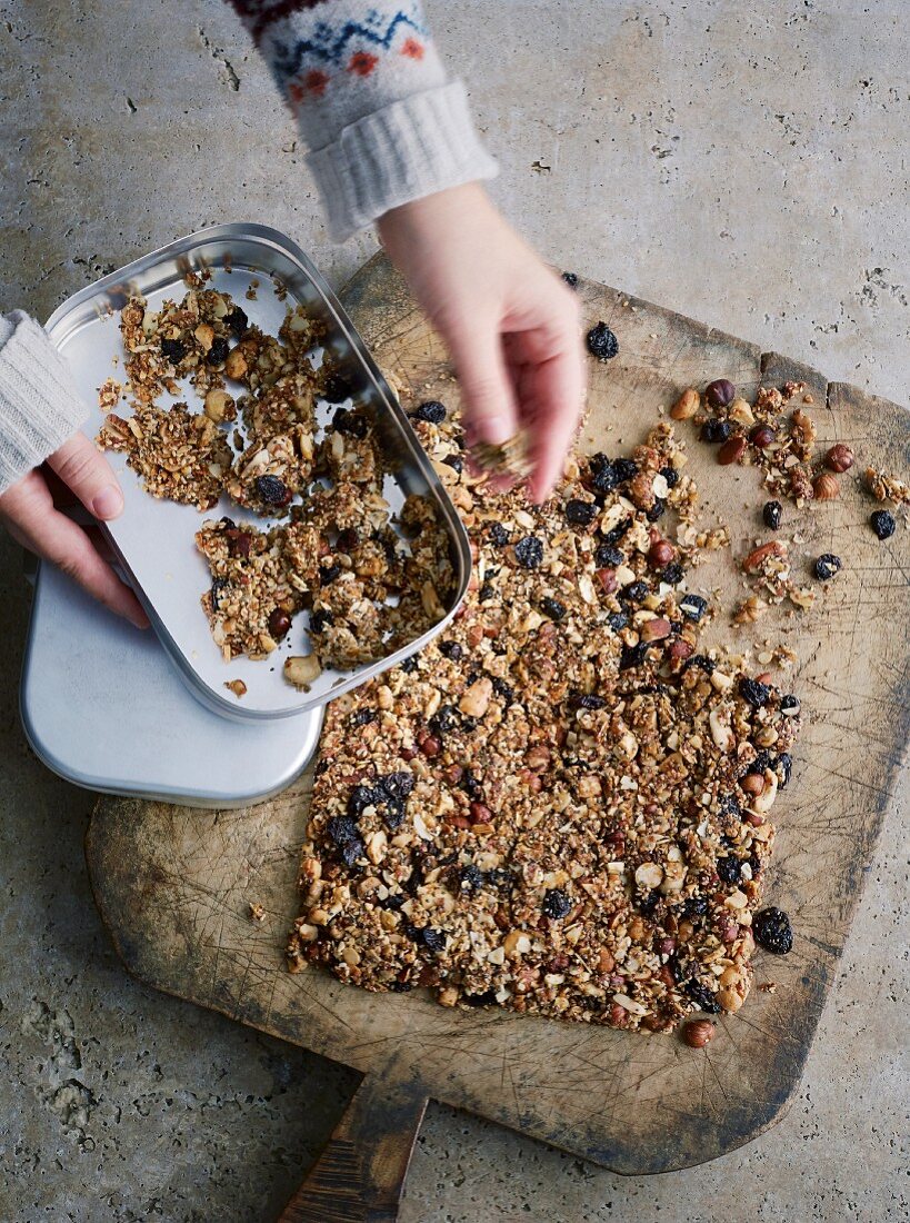 Honey and nut granola with sesame and chia seeds and dried cherries