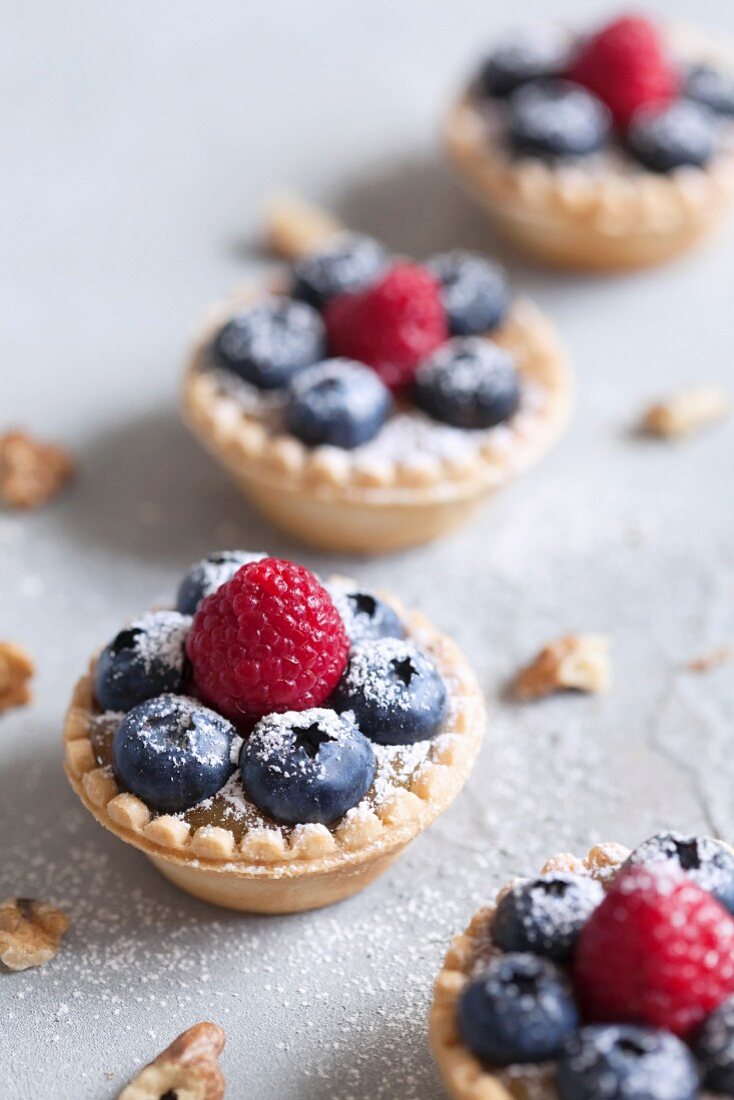 Blueberry and raspberry tarts with icing sugar