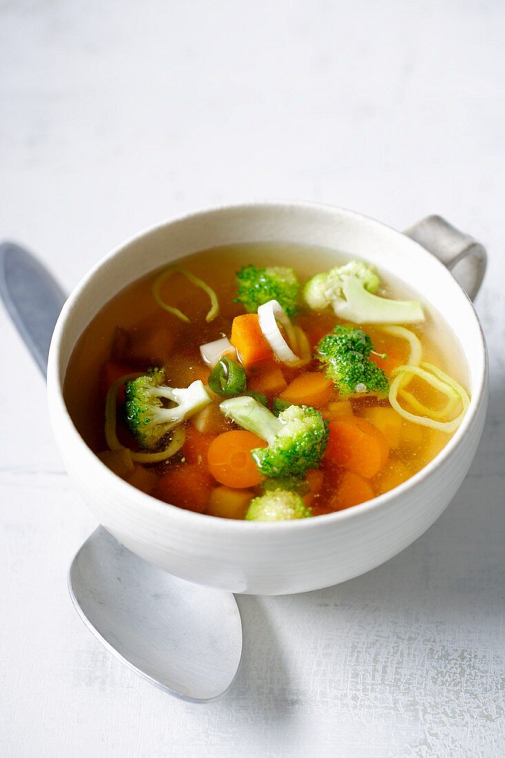 Clear vegetable broth with vegetables